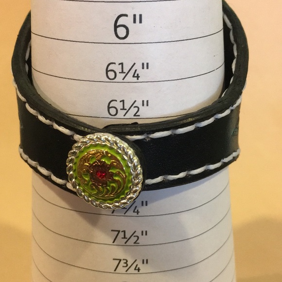 Tooled Leather Cuff Bracelet Carved Labradorite Face Inlay Boho Mandala Style - Picture 12 of 12